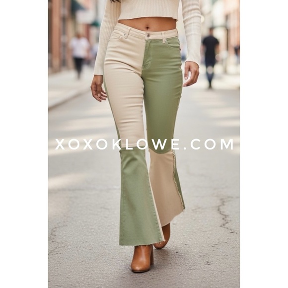 xoxoklowe Denim - Peach Love Sage & Tan Color Block Flares | 90s Retro Denim
